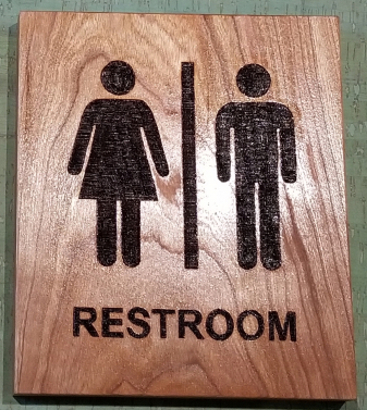 Custom restroom sign wood burned on Cherry