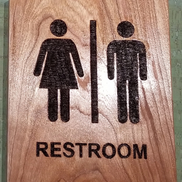 Custom restroom sign wood burned on Cherry